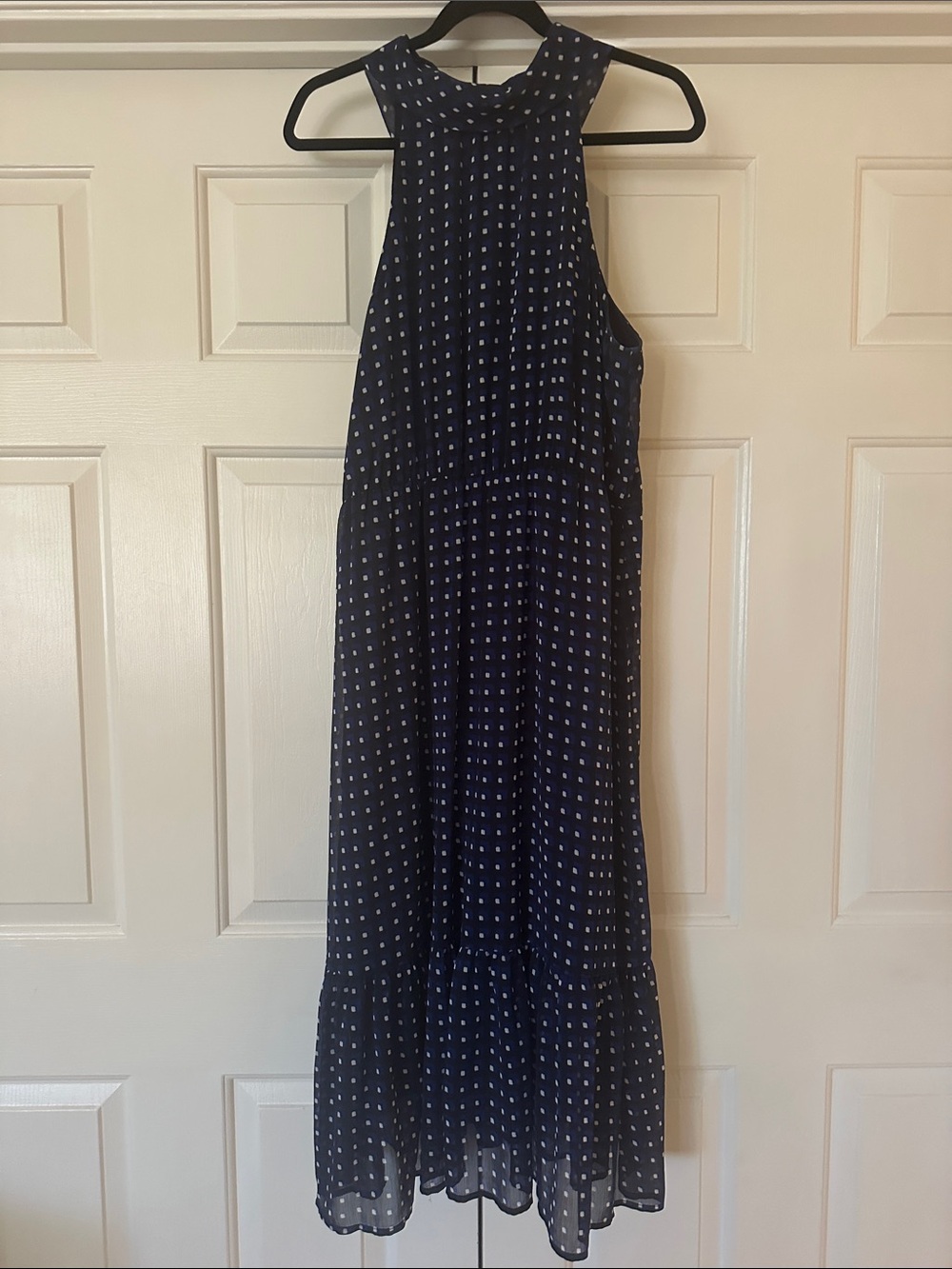 Banana Republic Navy and White Polka Dot Halter Maxi Dress